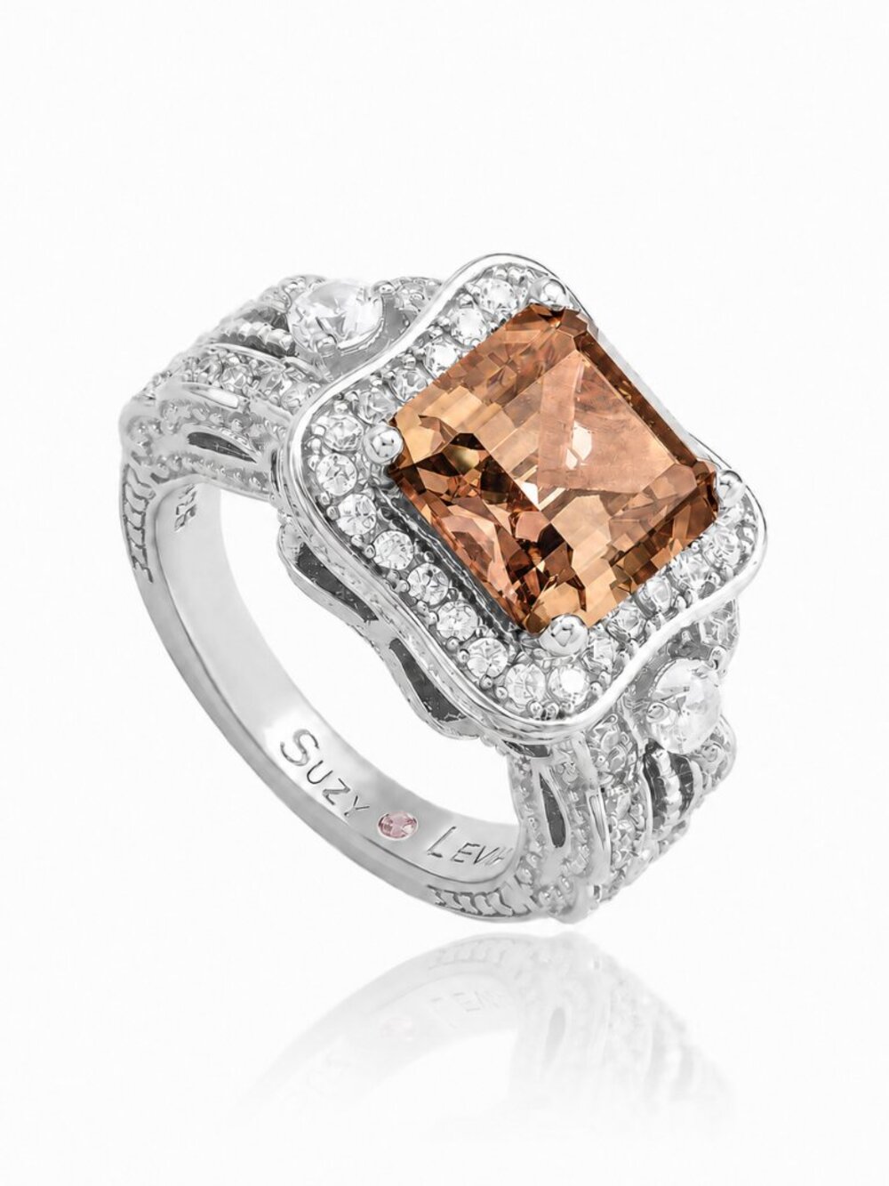 Suzy Levian Sterling Silver Brown Assher Cubic Zirconia Pave Halo Ring